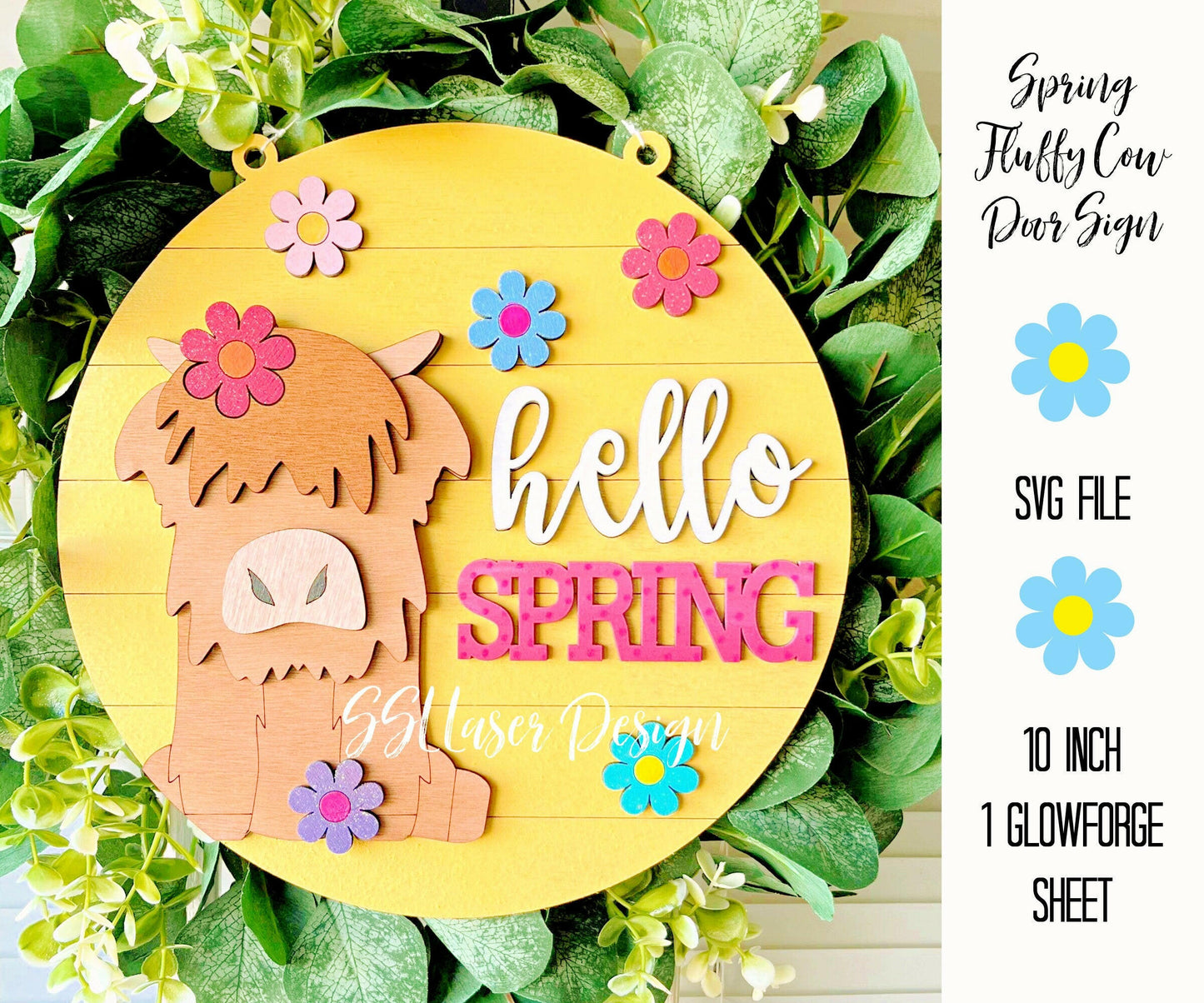 Spring Highland Cow Door Sign SVG,  Spring Highland Sign, Fluffy Cow Door Sign SVG Cut, Fluffy Cows SVG, Fluffy Cows Laser Cut File