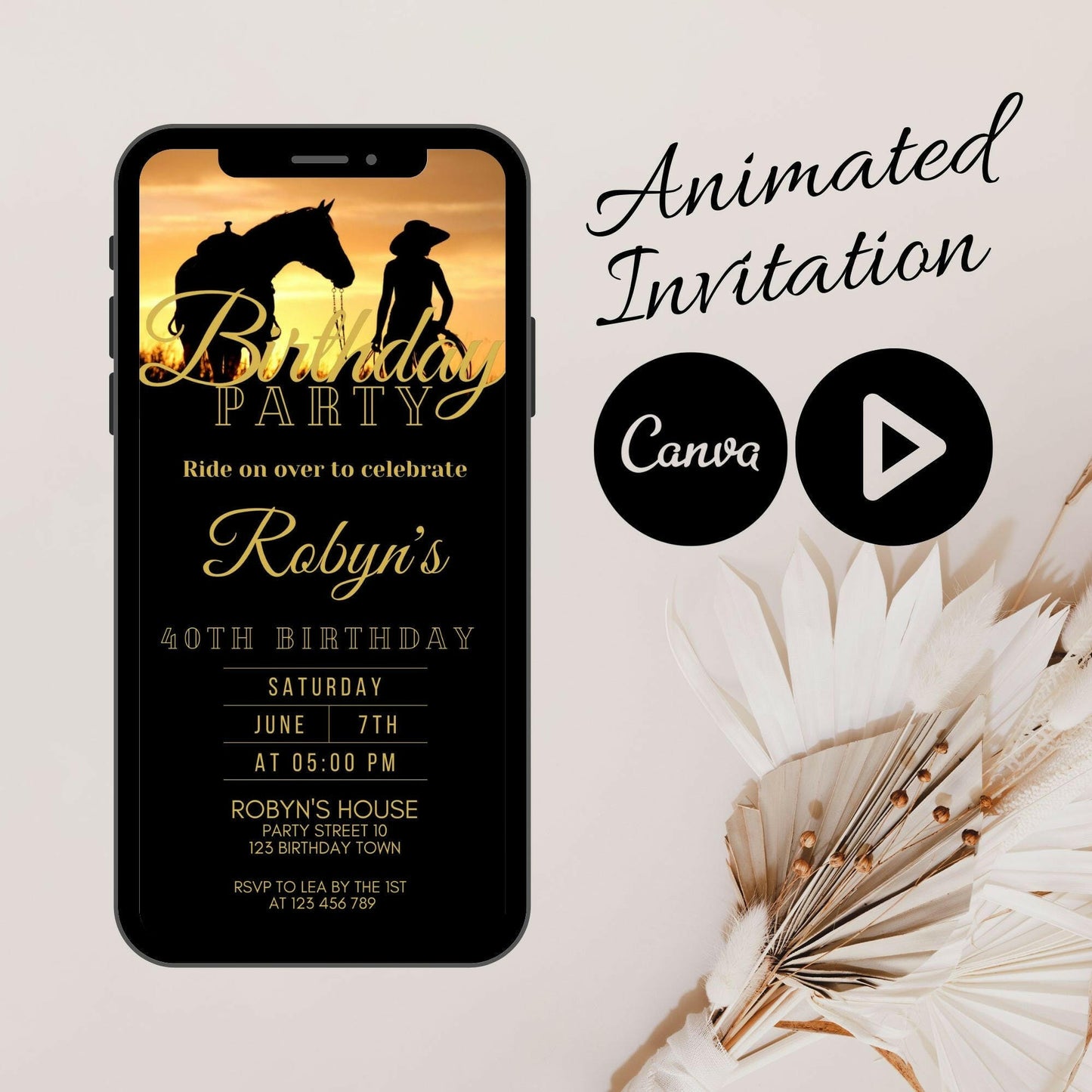 Animated Cowgirl Birthday Party Invitation, Video Western Mobile Birthday Invitation, Modern Cowgirl Birthday, Canva animated Invitation