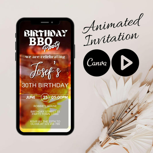 Video Backyard BBQ Birthday Party Invitation, Video BBQ Mobile Birthday Invitation, Cheers and Beers Birthday, BBQ Canva animated Invitation
