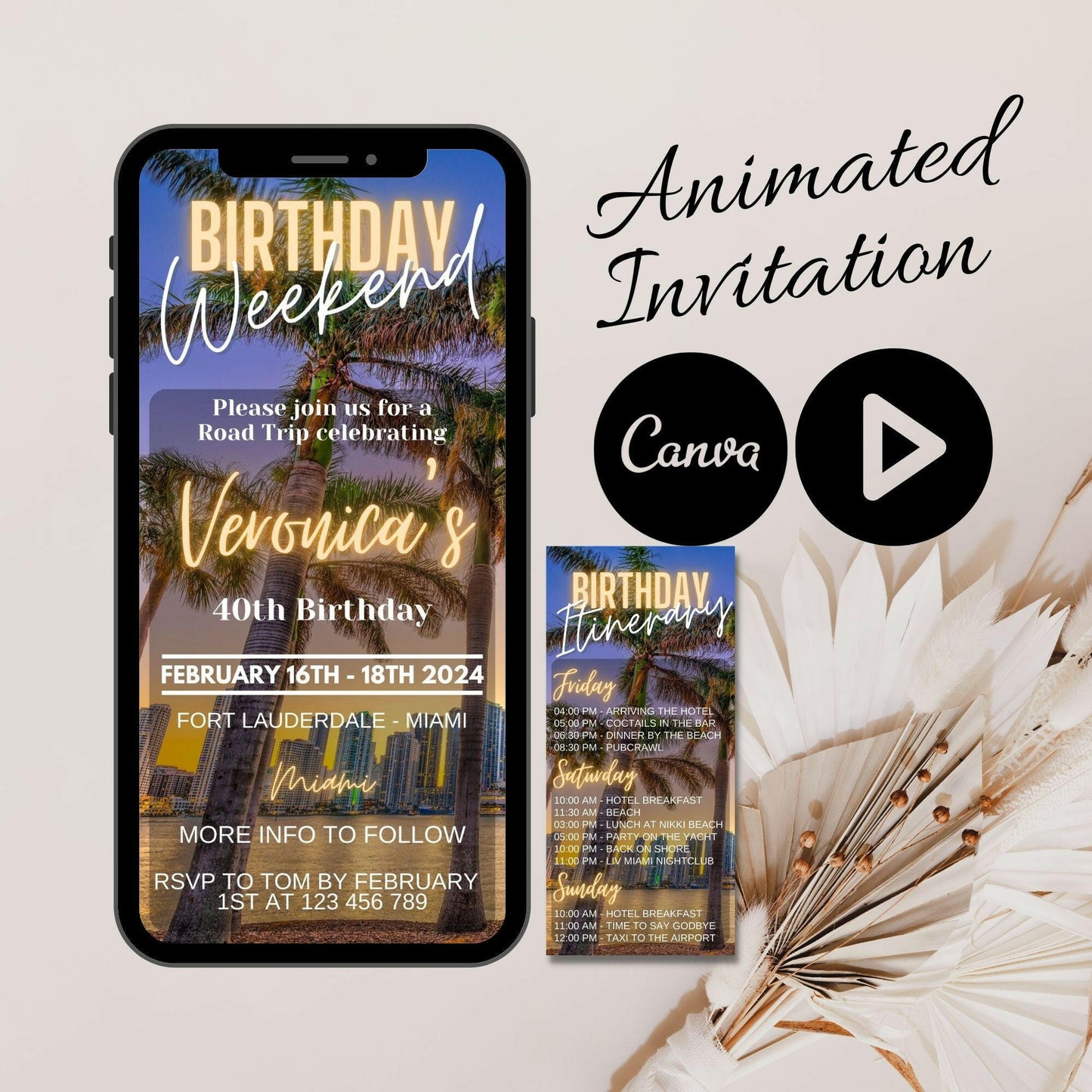 Palm trees weekend invitation and Itinerary template, Video Invite for her, Animated Mobile Birthday Invite, Modern Birthday weekend detail