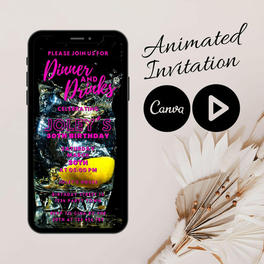 Birthday Dinner and Drinks invite, Video Invitation Birthday Party Invite for her, Animated Mobile Birthday, Gin Birthday Canva Invite