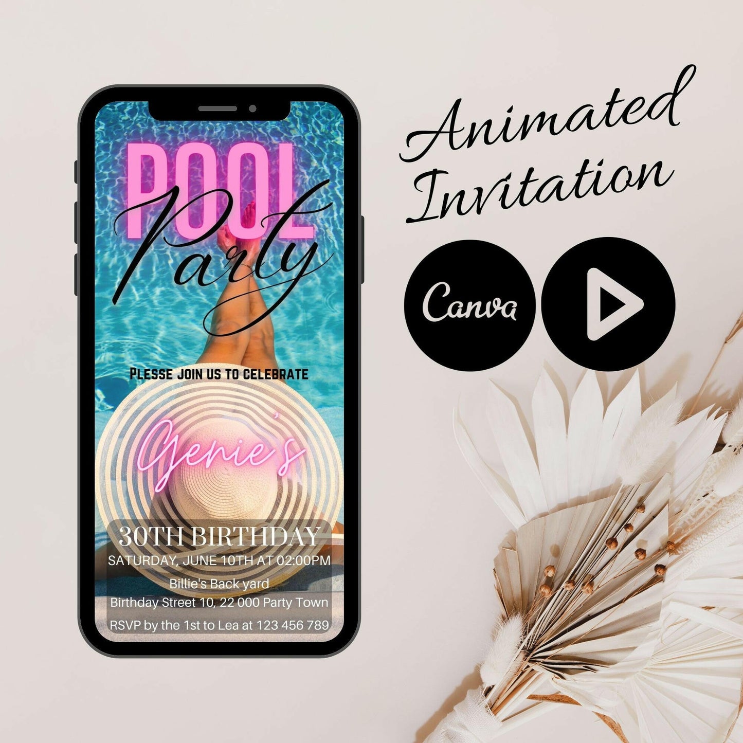 Animated Adult Pool Party Birthday Party Invitation, Video Mobile Pool Birthday Invitation, Gender Neutral, Canva video Invitation