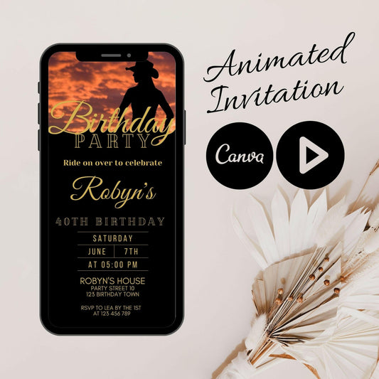 Animated Cowgirl Birthday Party Invitation, Video Western Mobile Birthday Invitation, Modern Cowgirl Birthday, Canva animated Invitation