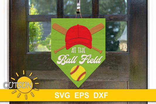 Baseball Home Plate Door Hanger SVG - At the Ball Field Design with Cap, Bats, and Ball | Softball door hanger | Laser cut file