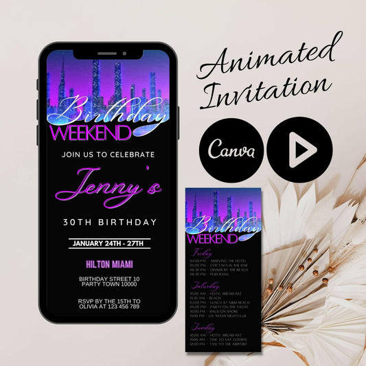 Neon Big City weekend invitation and Itinerary template, Video Invitation for her, Animated Mobile Birthday Invite, Birthday weekend details