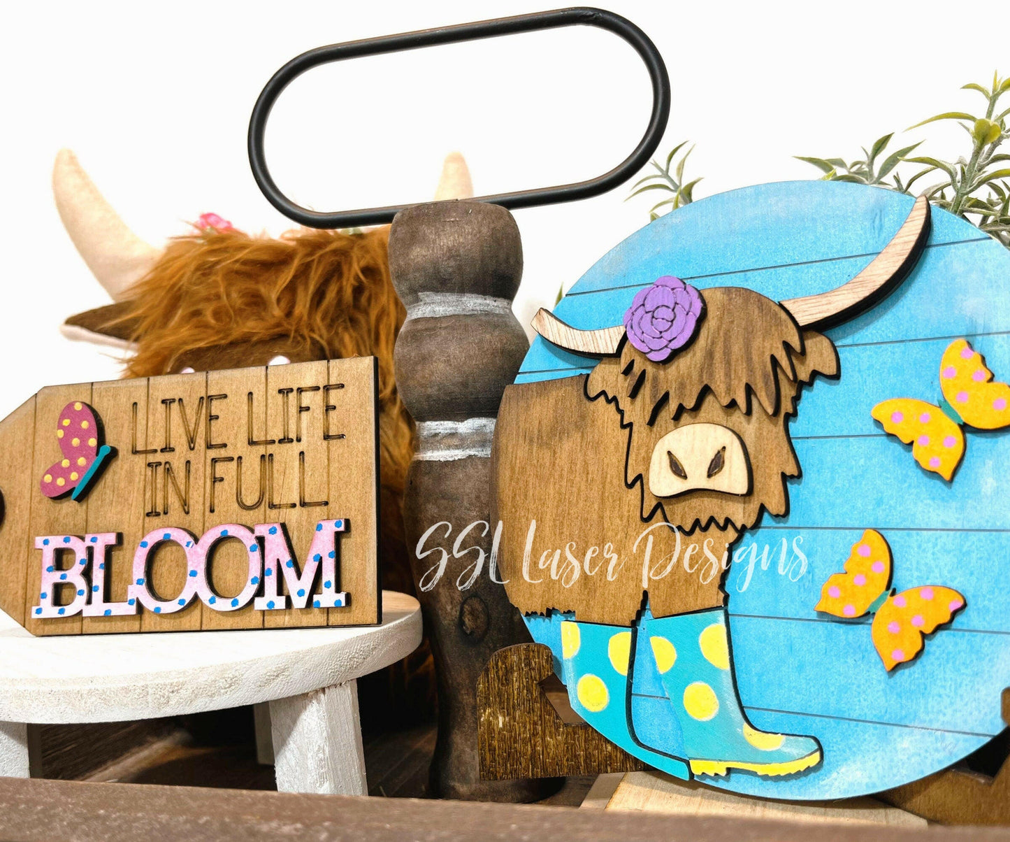 Spring Highland Cow Tiered Tray SVG,  Spring Highland Tray, Fluffy Cow Tiered Tray SVG Cut, Fluffy Cows SVG, Fluffy Cows Laser Cut File