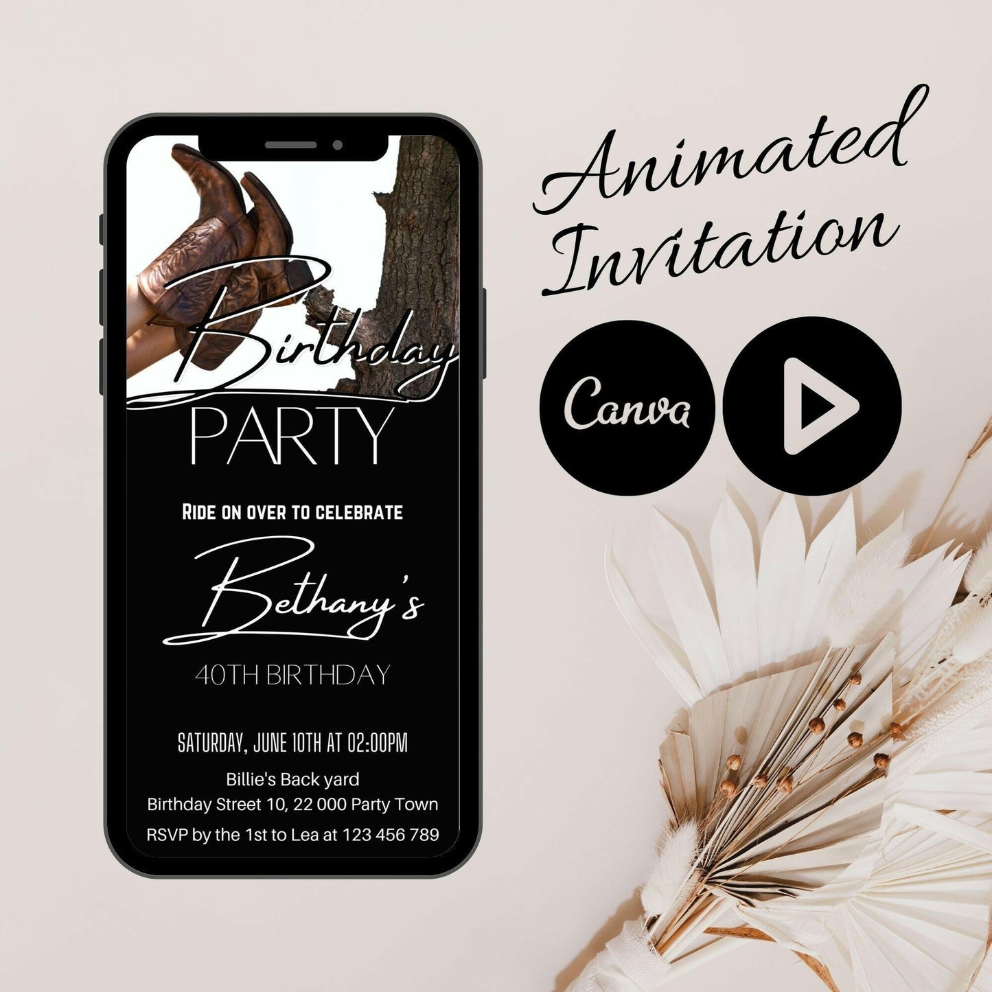 Animated Cowgirl Birthday Party Invitation, Video Western Mobile Birthday Invitation, Modern Cowgirl Birthday, Canva animated Invitation