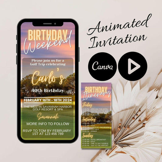 Golf weekend invitation and Itinerary template, Video Invite for him, Animated Mobile Birthday Invite, Modern Birthday weekend detail