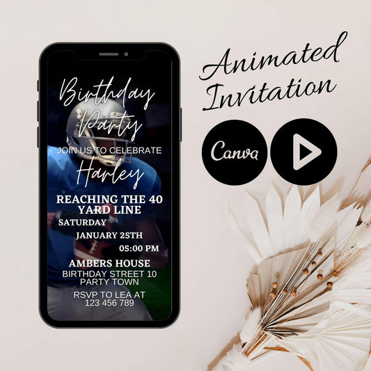 Animated American Fooball Birthday Party Invitation, Video Football Mobile Birthday Invitation, Modern Birthday, Canva animated Invitation