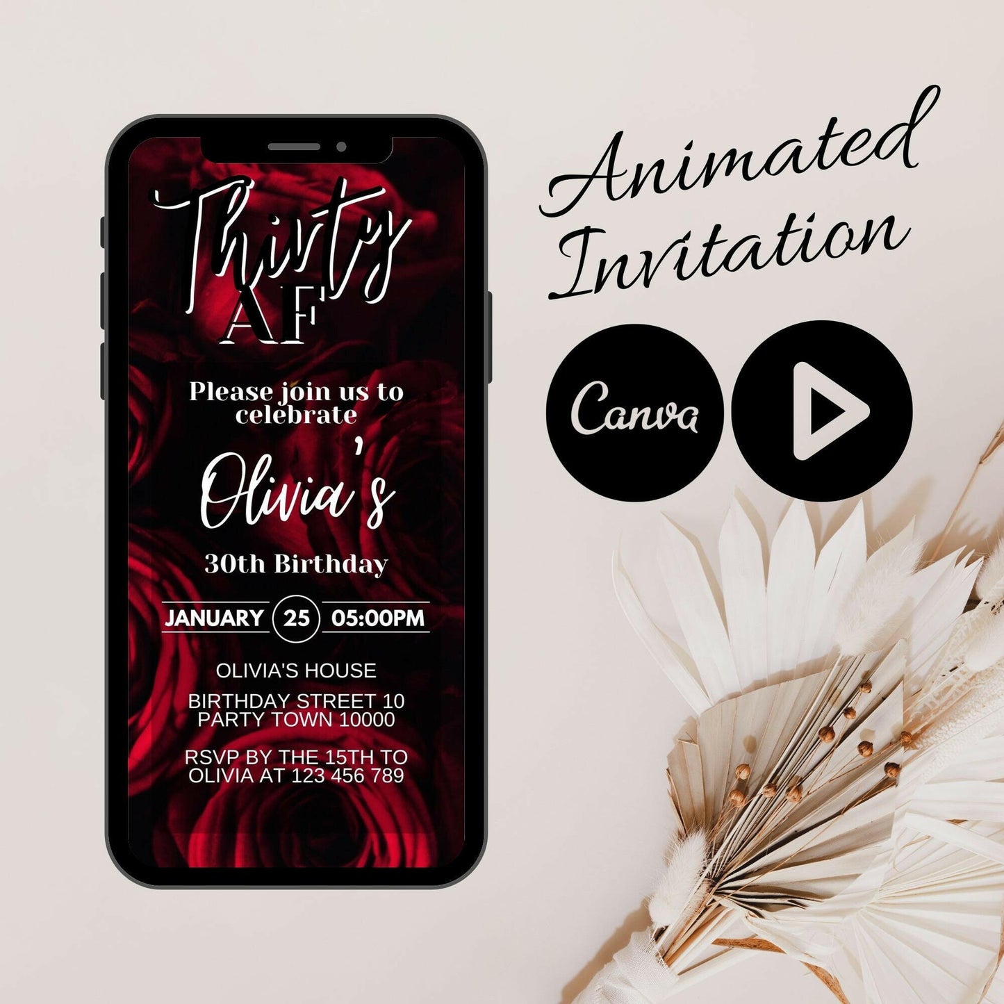 Thirty AF: Animated Video Invitation for Her Birthday Party with Mobile Option and Modern Canva Invitation - Let's Celebrate!