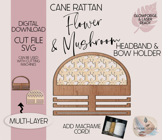 Flowers and Mushrooms Bow Holder design, Instant Digital Download, Laser Cut File, Glowforge File, Laser Cut, Glowforge Tested, Cricut, SVG