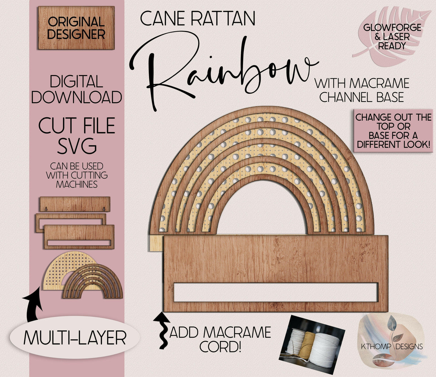 Rattan Rainbow Channel Top with Macrame Bar Digital Laser Cut File, Boho Sign, Interchangeable Sign, Glowforge, XTools M1 D1, SVG