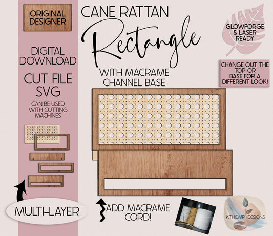 Rattan Rectangle Channel Top with Macrame Bar Digital Laser Cut File, Boho Sign, Interchangeable Sign, Glowforge, XTools M1 D1, SVG