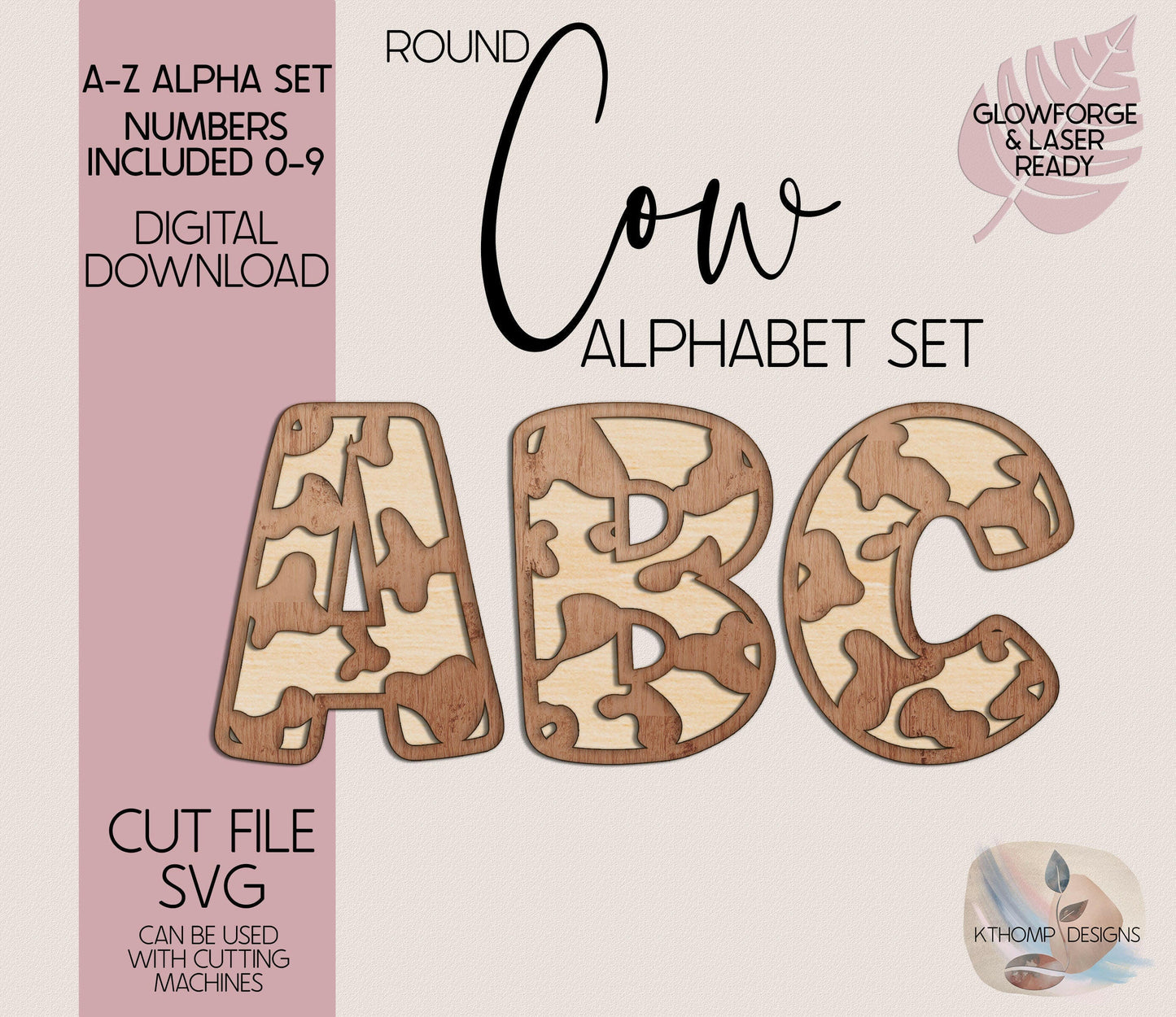 Laser Cut Cowhide Round Alphabet Set, Instant Digital Download, Alphabet 26 letters, Numbers 0-9, Laser Cut Files for Glowforge Cricut, SVG