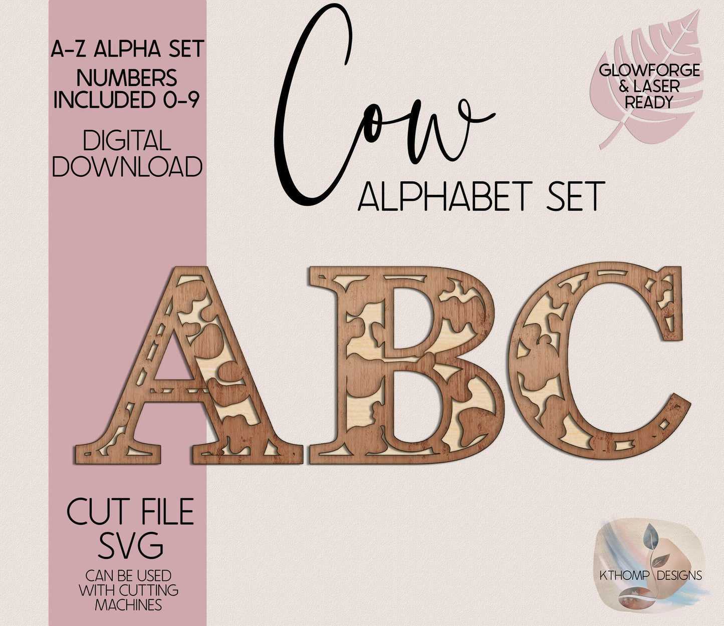 Laser Cut Cowhide Alphabet Set, Instant Digital Download, Alphabet 26 letters, Numbers 0-9, Laser Cut Files for Glowforge Cricut, SVG