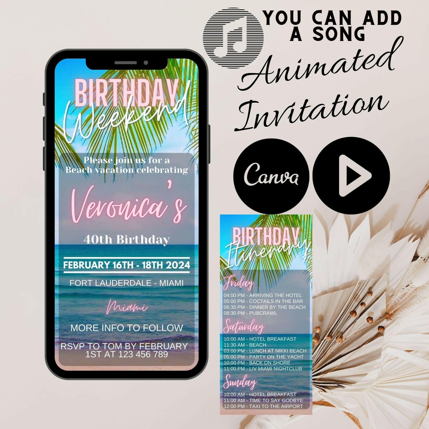 The invitation and itinerary for a beach weekend celebration for her, It includes a video invite and detailed itinerary, Birthday Weekend