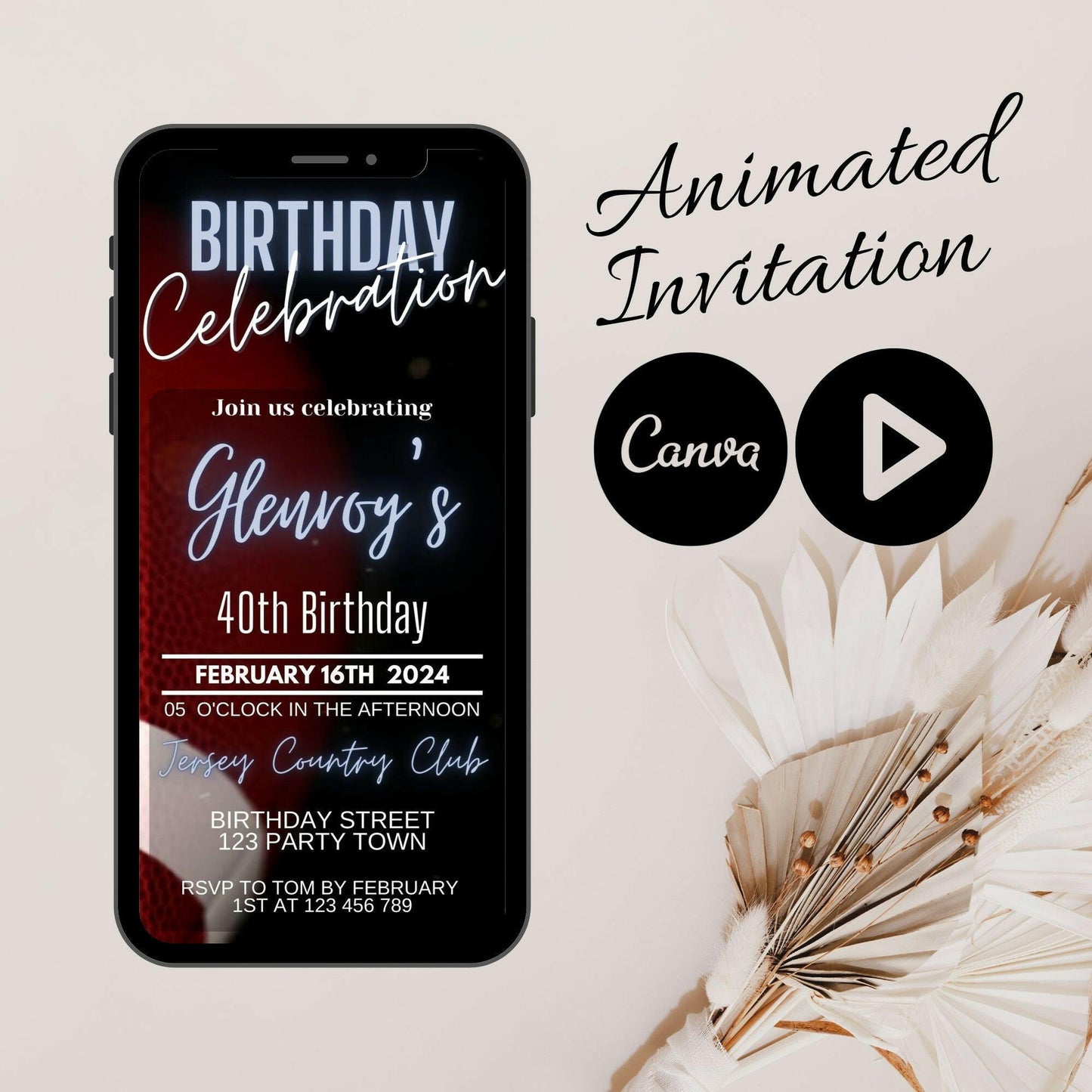 Video American Football Birthday Dinner Invitation, Video Mobile Birthday Invitation, Birthday Dinner, Mens Dinner party Animated Invite