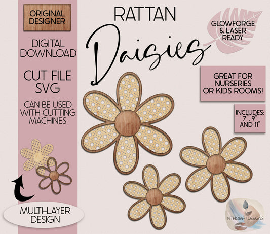 Cane Rattan Daisies Laser Cut File SVG, Cute Rattan Daisy, Boho Nursery Sign, Daisies SVG, Wood Daisies, Nursery Decor, Glowforge, XTool