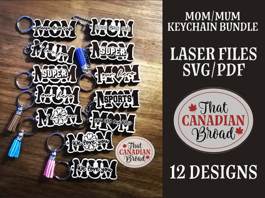 Keychains for Mom/Mum, 12 designs. laser file,  SVG and PDF formats