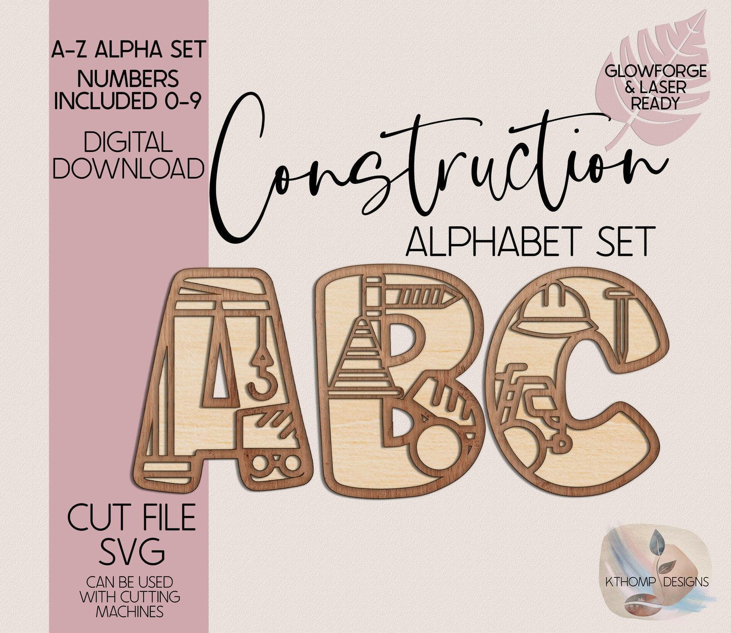 Construction Alphabet Set, Instant Digital Download, Alphabet 26 letters, Numbers 0-9, Laser Cut Files for Glowforge Cricut, SVG