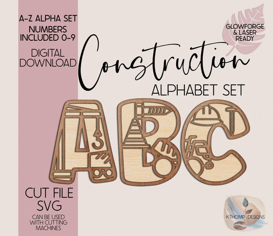 Construction Alphabet Set, Instant Digital Download, Alphabet 26 letters, Numbers 0-9, Laser Cut Files for Glowforge Cricut, SVG