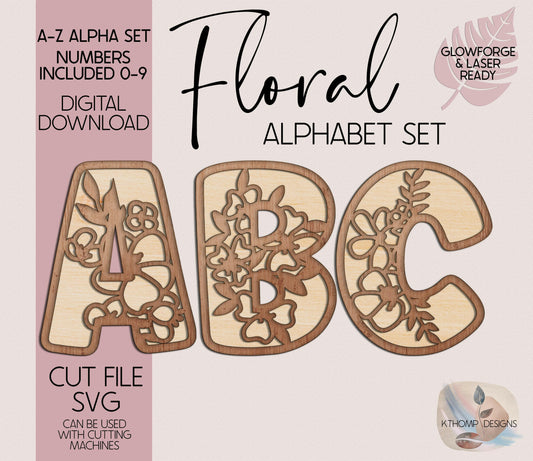 Floral Alphabet Set, Instant Digital Download, Alphabet 26 letters, Numbers 0-9, Laser Cut Files for Glowforge Cricut, SVG