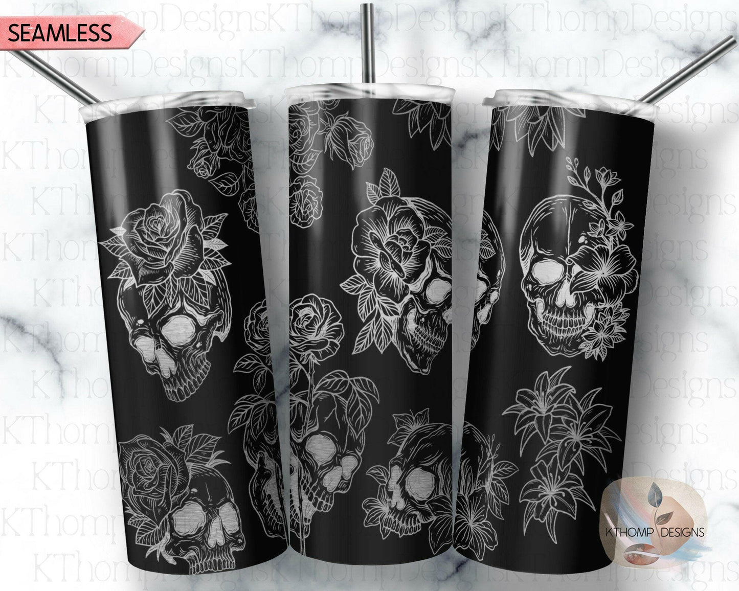 Skulls & Roses Laser Engraved Wrap Design for 20oz Skinny Tumbler, Digital Download, SVG, Seamless Design, Tumbler Wrap For Rotary