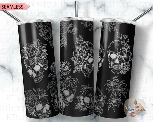 Skulls & Roses Laser Engraved Wrap Design for 20oz Skinny Tumbler, Digital Download, SVG, Seamless Design, Tumbler Wrap For Rotary