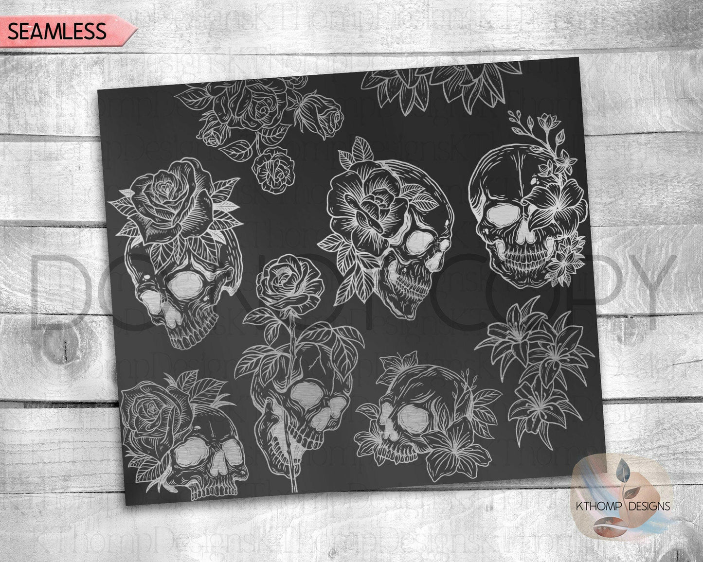 Skulls & Roses Laser Engraved Wrap Design for 20oz Skinny Tumbler, Digital Download, SVG, Seamless Design, Tumbler Wrap For Rotary