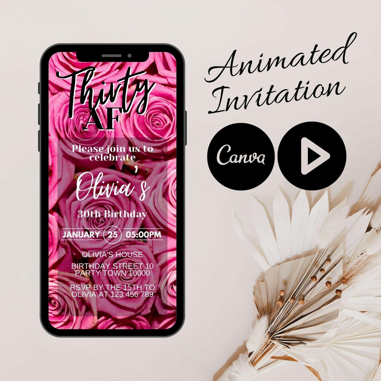 Thirty AF: Animated Video Invitation for Her Birthday Party with Mobile Option and Modern Canva Invitation - Let's Celebrate!