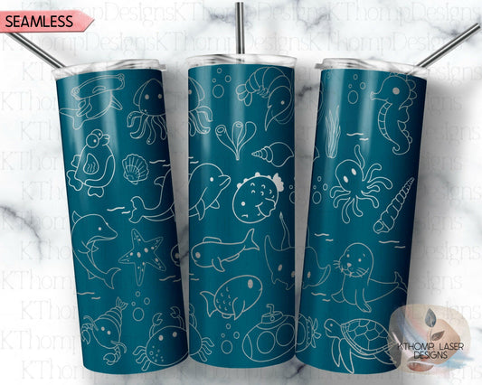 Ocean Life Doodles Laser Engraved Full Wrap Design for 20oz Skinny Tumbler, Digital Download, SVG, Seamless Design, Tumbler Wrap For Rotary