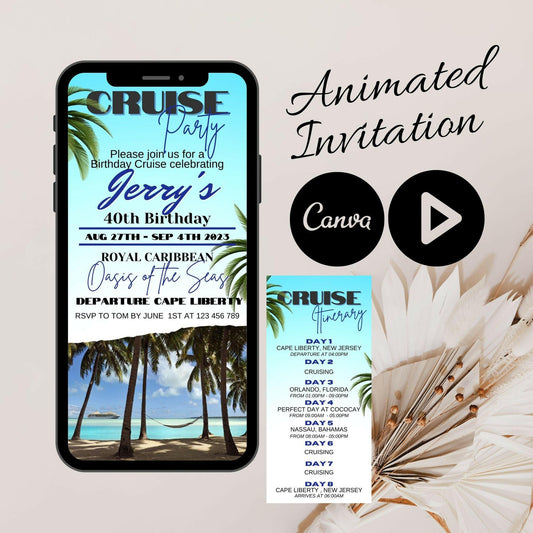 Modern Cruise Party Video Invitation and Itinerary for Her, Optimized for Mobile Use, celebrate your birthday on a cruise, Cruise invitation