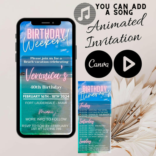 The invitation and itinerary for a beach weekend celebration for her, It includes a video invite and detailed itinerary, Birthday Weekend