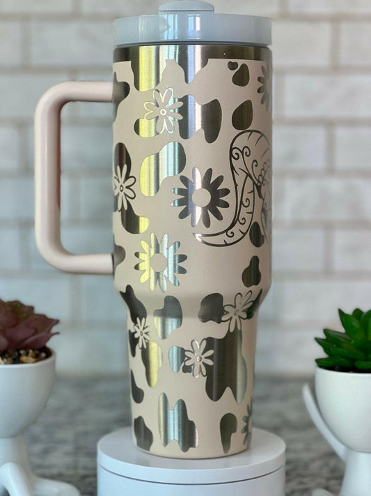 Boho Cow Skull Western Laser Engraved Full Wrap Design for 40oz Tumbler, Digital Download, Seamless Cow Pattern Design, Laser Rotary SVG