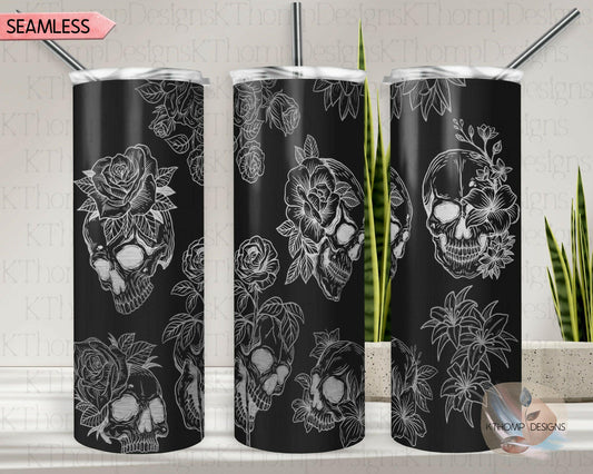 Skulls & Roses Laser Engraved Wrap Design for 20oz Skinny Tumbler, Digital Download, SVG, Seamless Design, Tumbler Wrap For Rotary