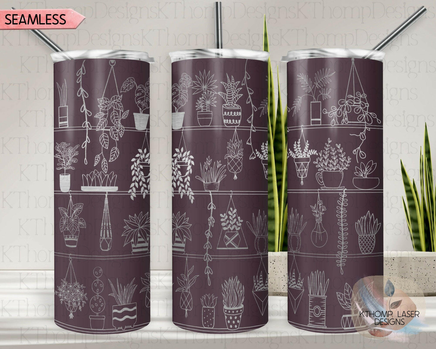 Potted Plant Shelves Laser Engraved Full Wrap Design for 20oz Skinny Tumbler, Digital Download, Seamless Design, Laser Rotary SVG, DXF