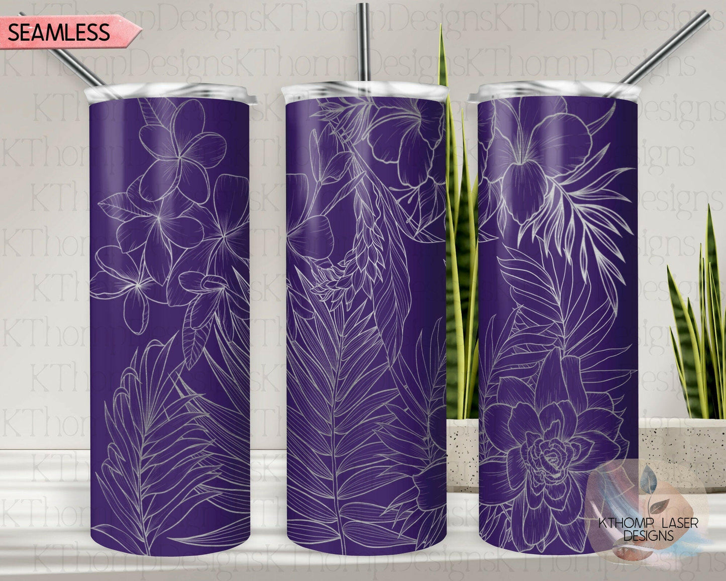 Tropical Plants Laser Engraved Full Wrap Design for 20oz Skinny Tumbler, Digital Download, SVG, Seamless Design, Tumbler Wrap For Rotary