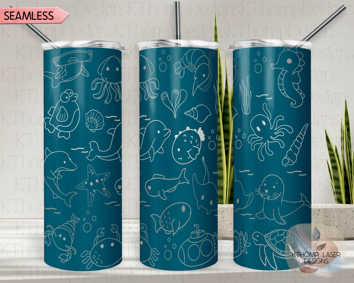 Ocean Life Doodles Laser Engraved Full Wrap Design for 20oz Skinny Tumbler, Digital Download, SVG, Seamless Design, Tumbler Wrap For Rotary