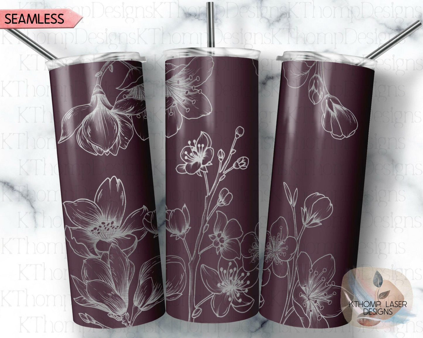 Cherry Blossoms Laser Engraved Full Wrap Design for 20oz Skinny Tumbler, Digital Download, SVG, Seamless Design, Tumbler Wrap For Rotary