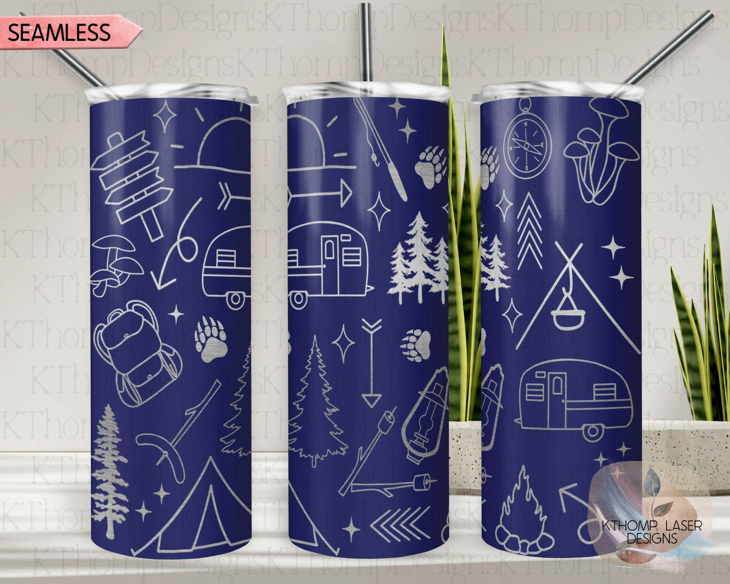 Camping Doodles Laser Engraved Full Wrap Design for 20oz Skinny Tumbler, Digital Download, SVG, Seamless Design, Tumbler Wrap For Rotary