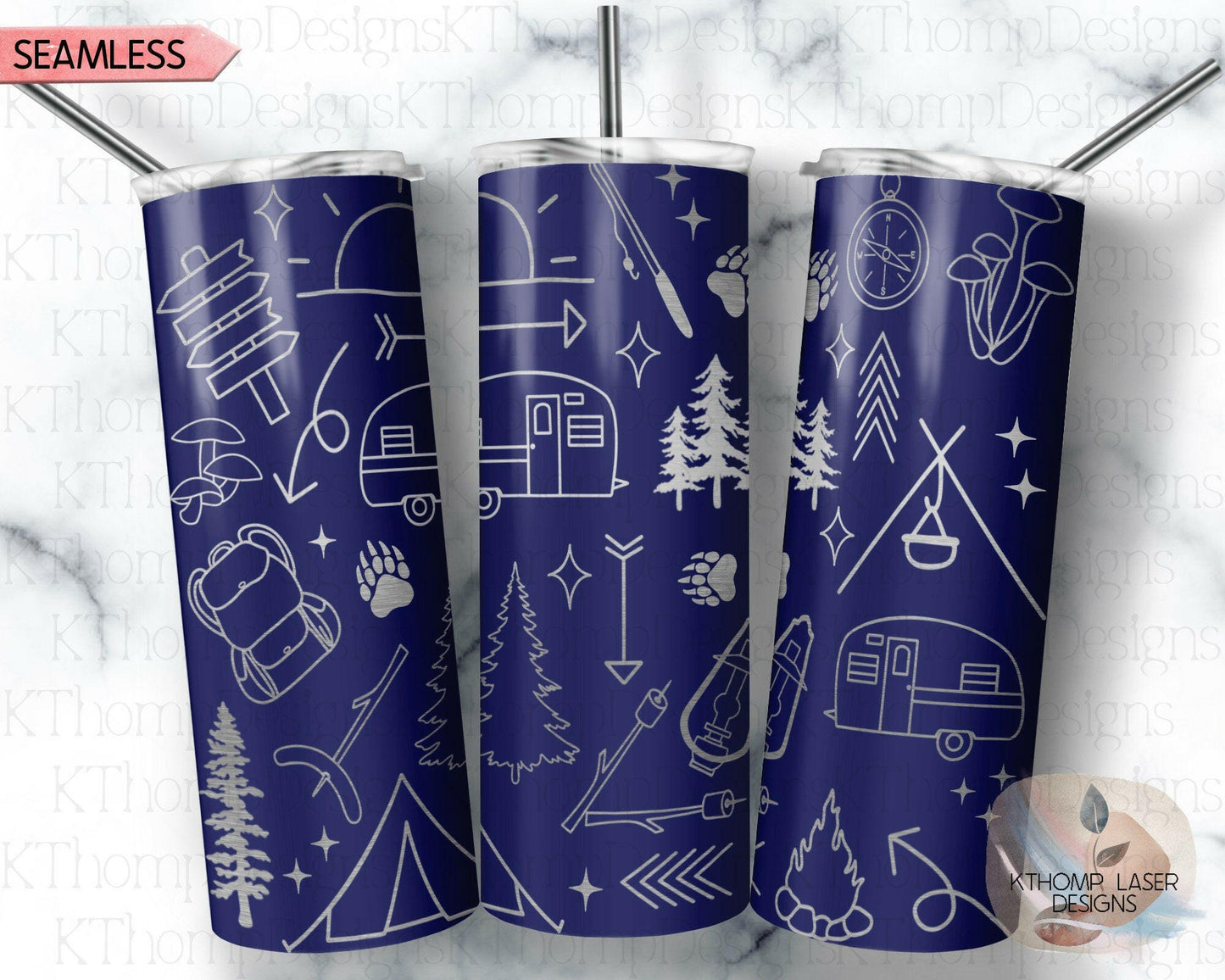 Camping Doodles Laser Engraved Full Wrap Design for 20oz Skinny Tumbler, Digital Download, SVG, Seamless Design, Tumbler Wrap For Rotary