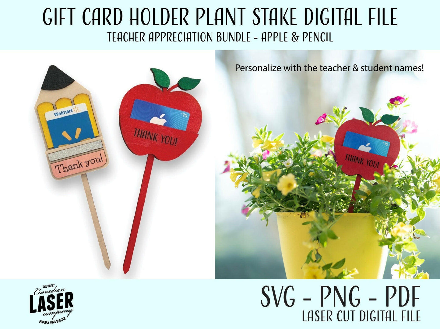 Teacher Gift - Gift Card Holder Plant Stake Digital File, Laser Ready SVG, PNG