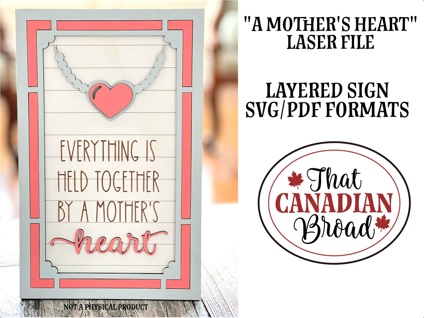 A Mother's Heart Sign Laser File, SVG & PDF formats, digital file