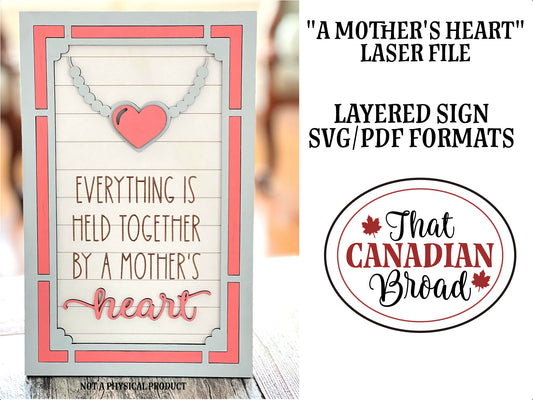 A Mother's Heart Sign Laser File, SVG & PDF formats, digital file