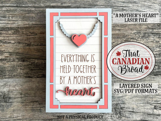 A Mother's Heart Sign Laser File, SVG & PDF formats, digital file