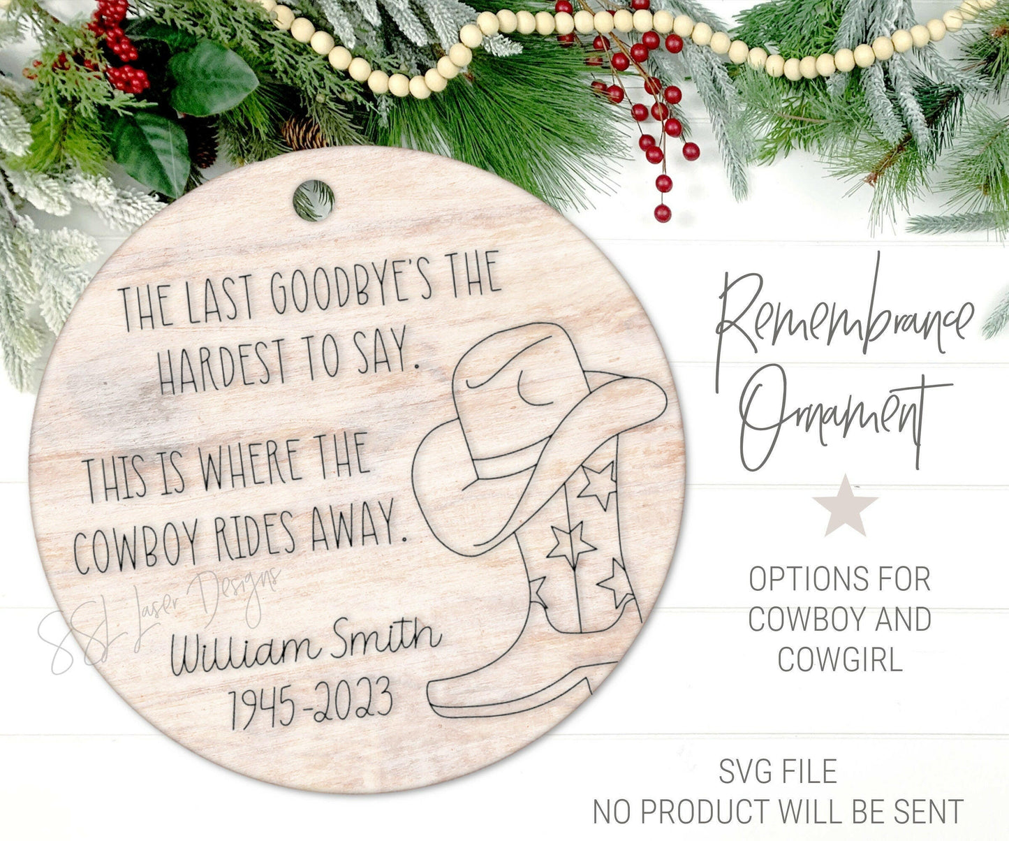 Cowboy Memory Ornament SVG, Cowgirl Memory Ornament SVG, Christmas Cowboy Memorial Laser File, Cowboy Memorial gift Svg, Western Sympathy