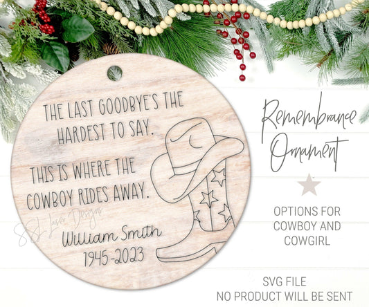 Cowboy Memory Ornament SVG, Cowgirl Memory Ornament SVG, Christmas Cowboy Memorial Laser File, Cowboy Memorial gift Svg, Western Sympathy