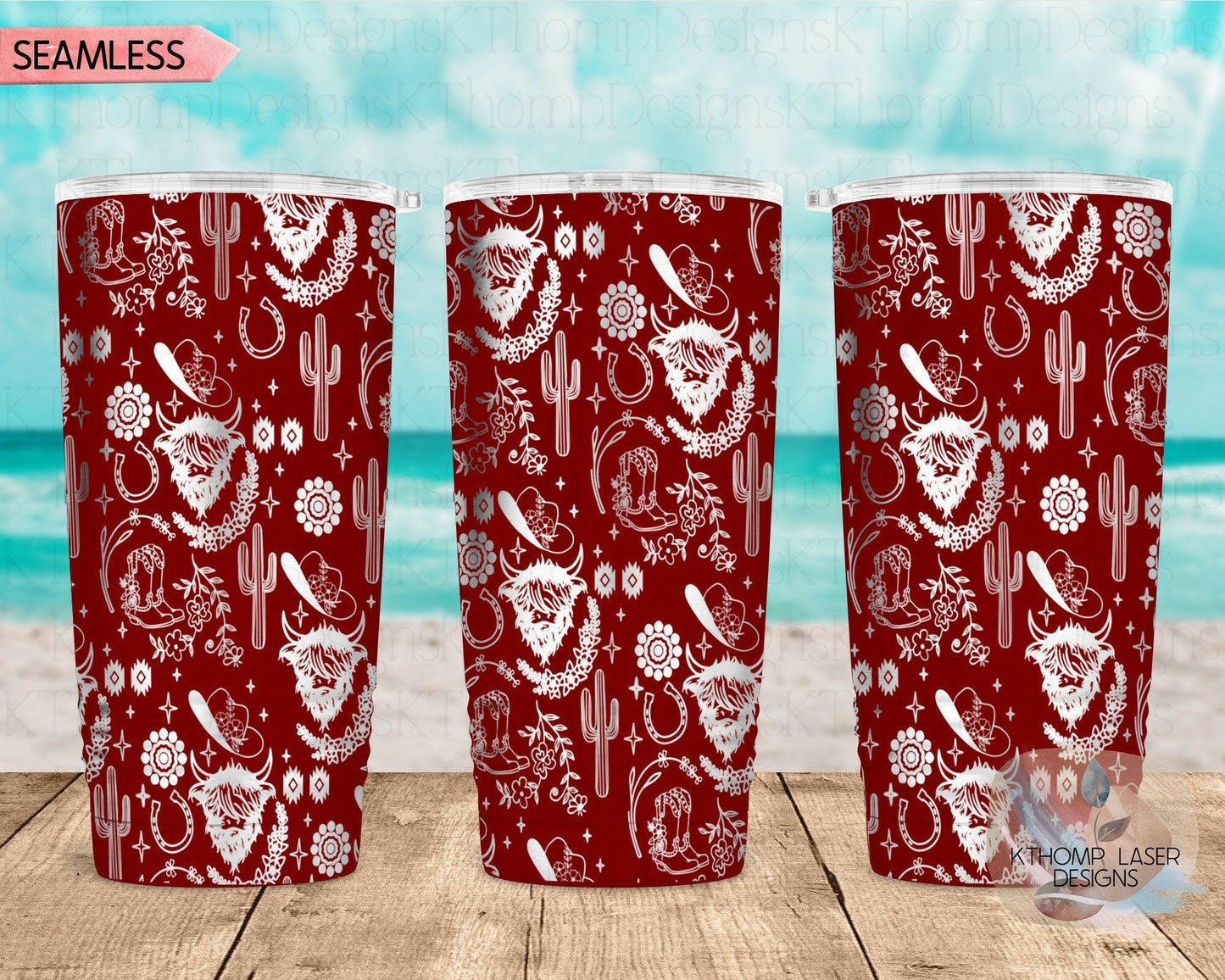 Highland Cow Western Laser Engraved Wrap Design for 20oz & 30oz Tumblers, Digital Download, SVG, Seamless Design, Tumbler Wrap For Rotary