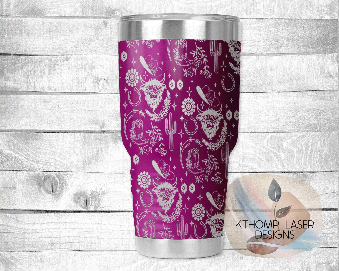 Highland Cow Western Laser Engraved Wrap Design for 20oz & 30oz Tumblers, Digital Download, SVG, Seamless Design, Tumbler Wrap For Rotary