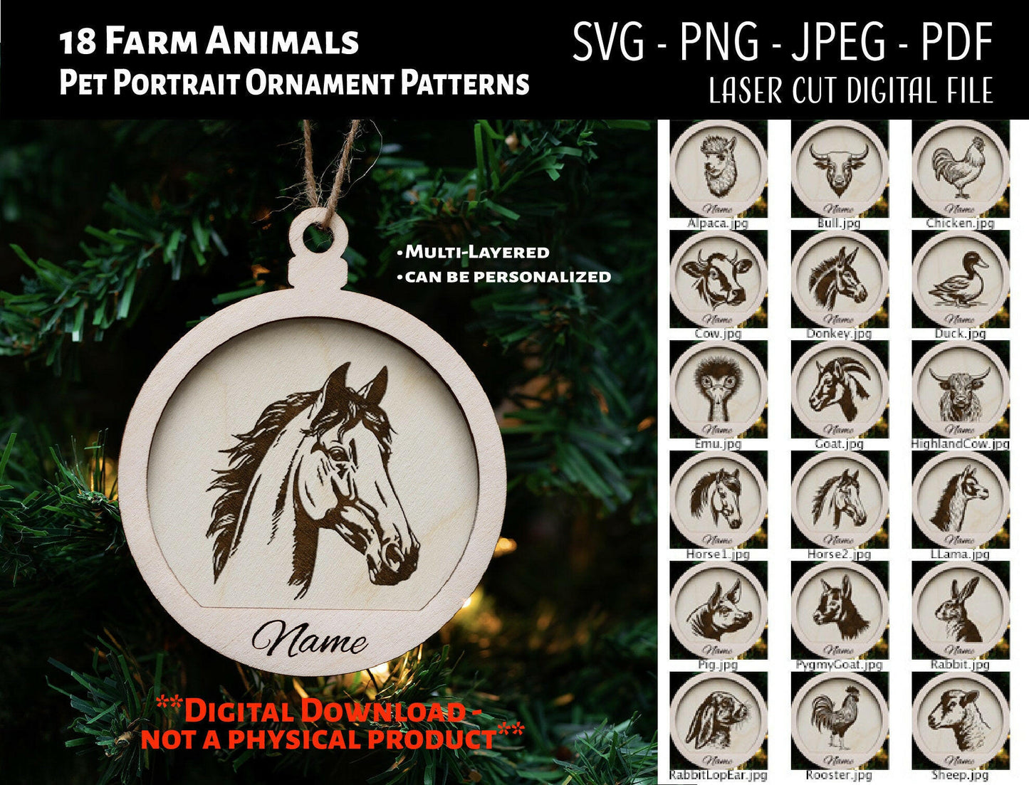 Farm Animal Pet Portrait Christmas Ornament Digital Files SVG/PNG (18 Animals)